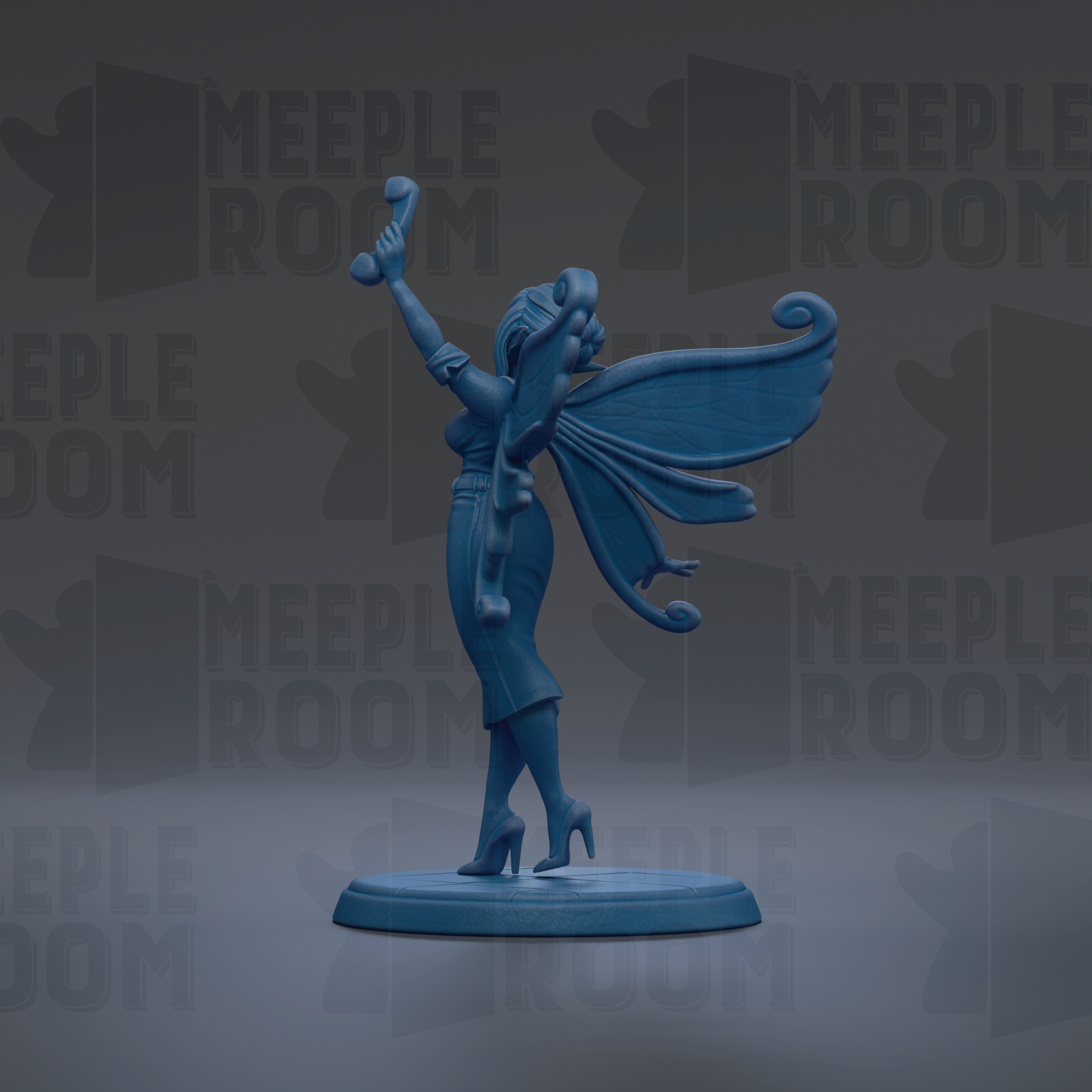 A blue figurine of a fairy with wings and a flowing dress stands on a blue base against a dark background with repeated text.