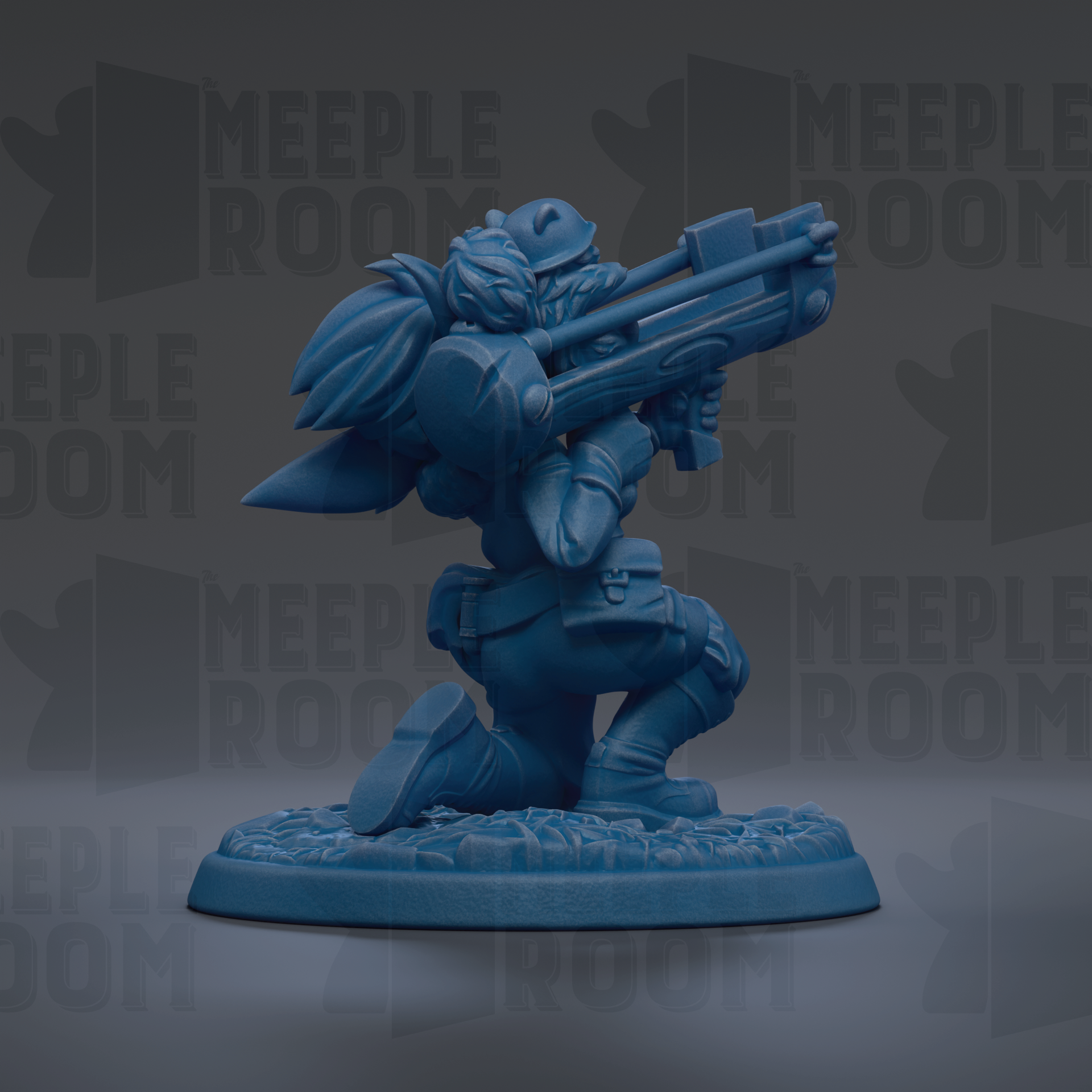 A blue figurine of a person holding a gun, standing on a base.