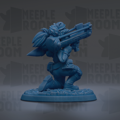 A blue figurine of a person holding a gun, standing on a base.
