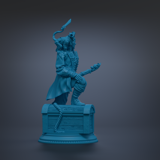 A blue statue of a pirate standing on a chest, holding a sword and wearing a hat.