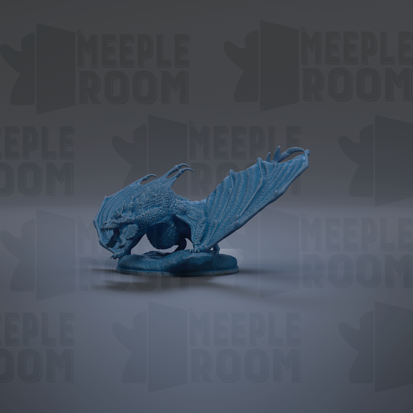 A blue dragon figurine is shown against a dark background with repeated text.