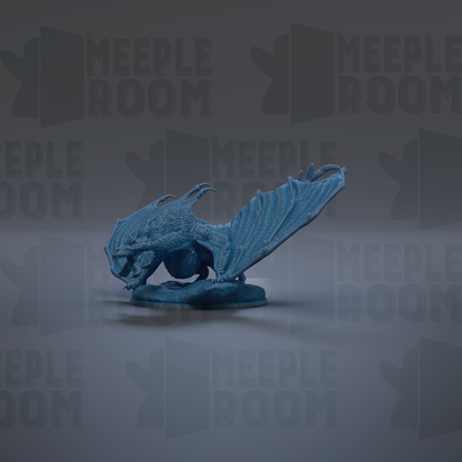 A blue dragon figurine is shown against a dark background with repeated text.