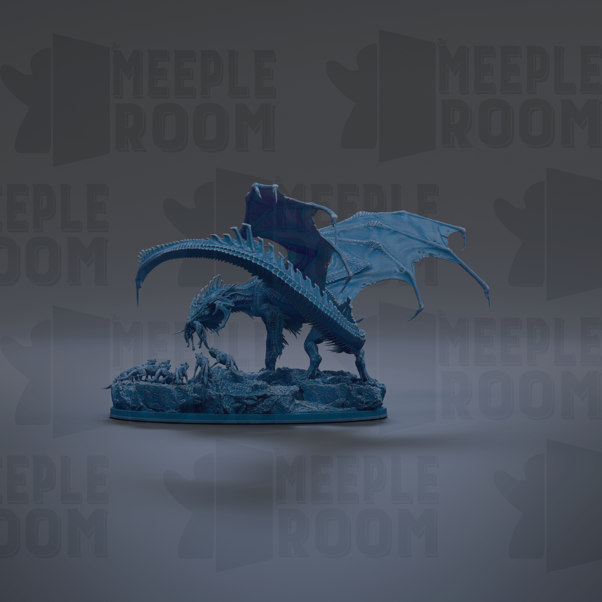 A 3D model of a blue dragon statue with wings spread, standing on a base.