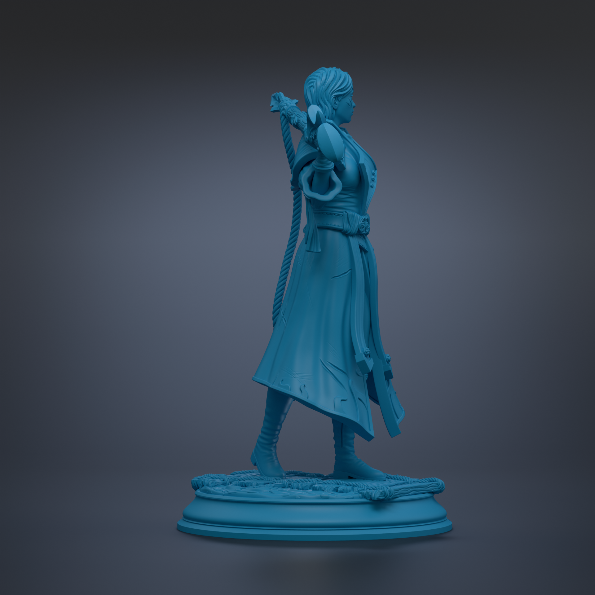 A blue statue of a person standing on a pedestal, holding a sword in their right hand.