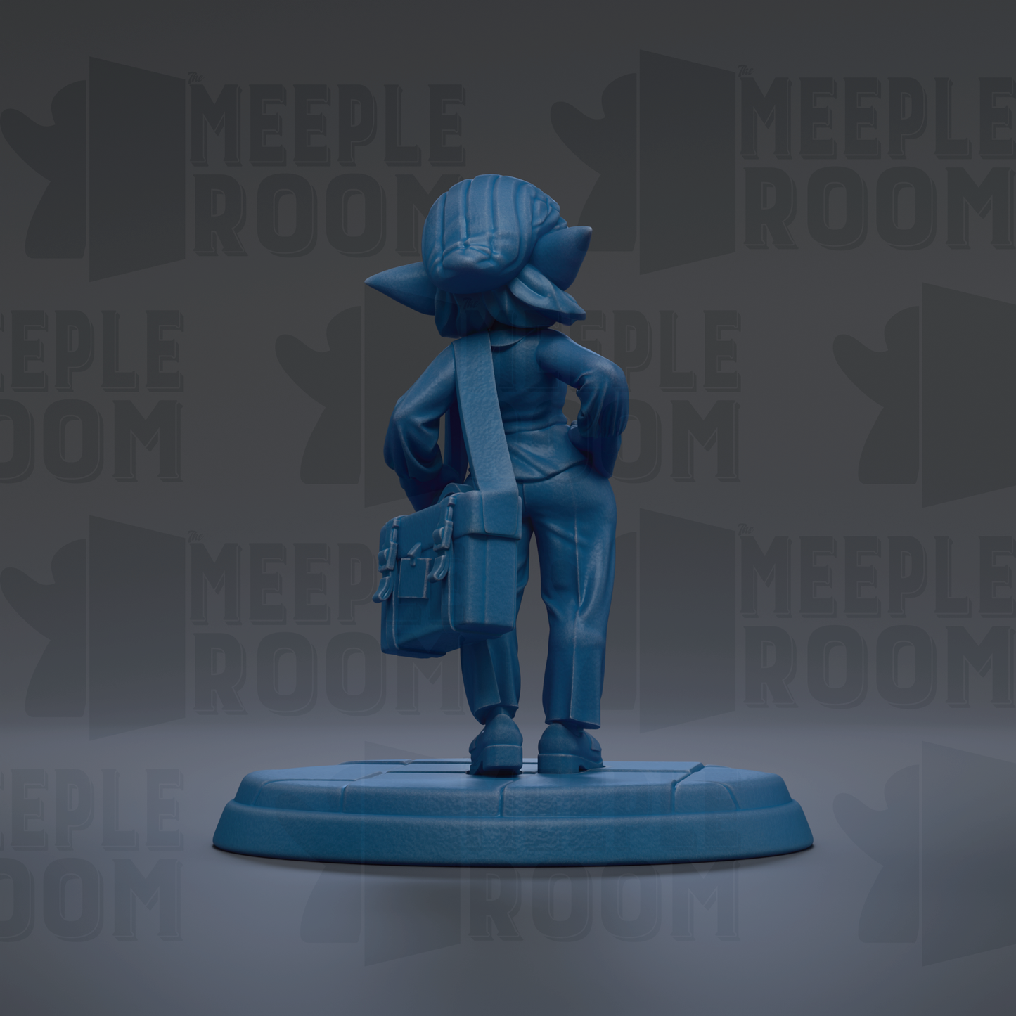 A blue figurine of a character with a backpack stands on a platform against a dark background with repeated text.