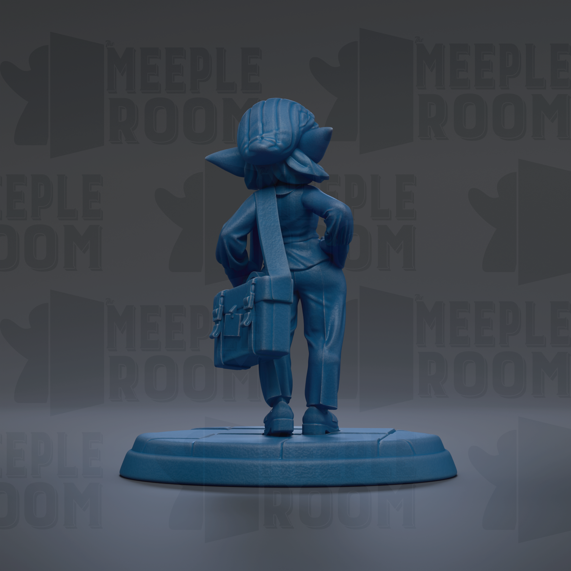 A blue figurine of a character with a backpack stands on a platform against a dark background with repeated text.