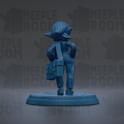 A blue figurine of a character with a backpack stands on a platform against a dark background with repeated text.