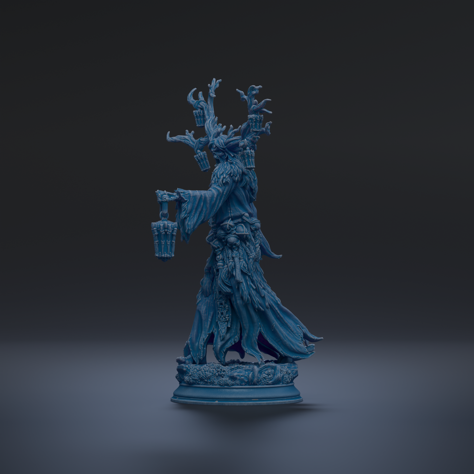 A blue, fantastical statue of a winged, winged creature with a long, flowing robe and a large, pointed hat.