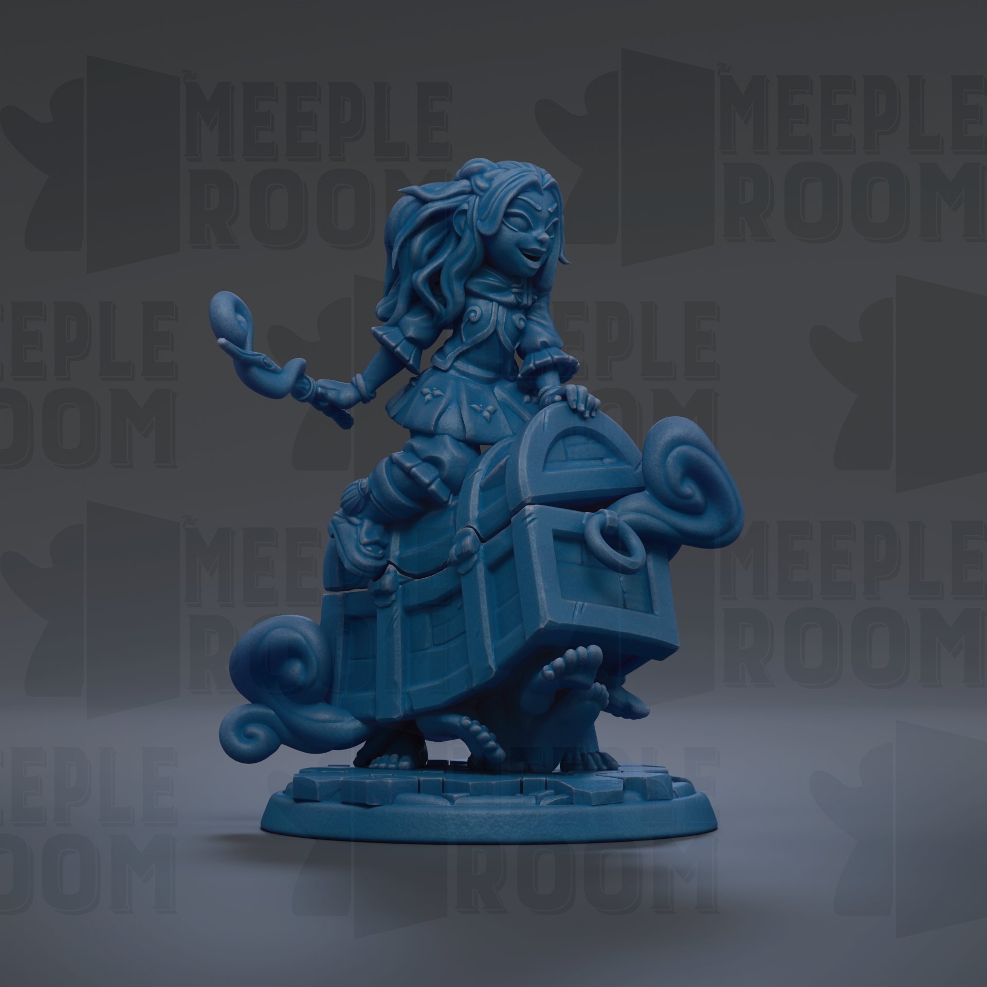 A blue figurine of a woman riding a blue dragon-like creature, with the text "MEEPLE ROOM" repeated in the background.