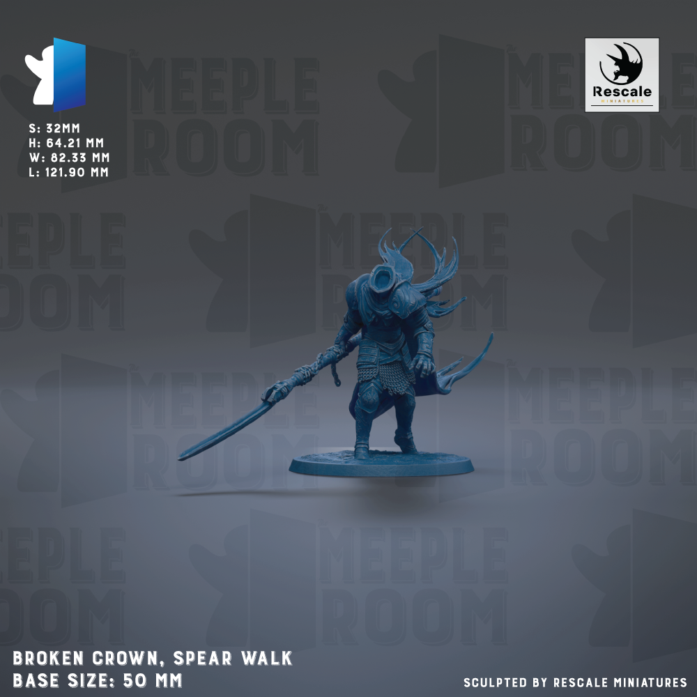 a figurine of a knight-like character with a crown, spear, and shield, standing on a base. The figurine is described as "Broken Crown, Spear Walk" and has a base size of "50mm". The image is a collage of multiple images, and the phrase "Sculpted by Rescue miniatures" is mentioned at the bottom.