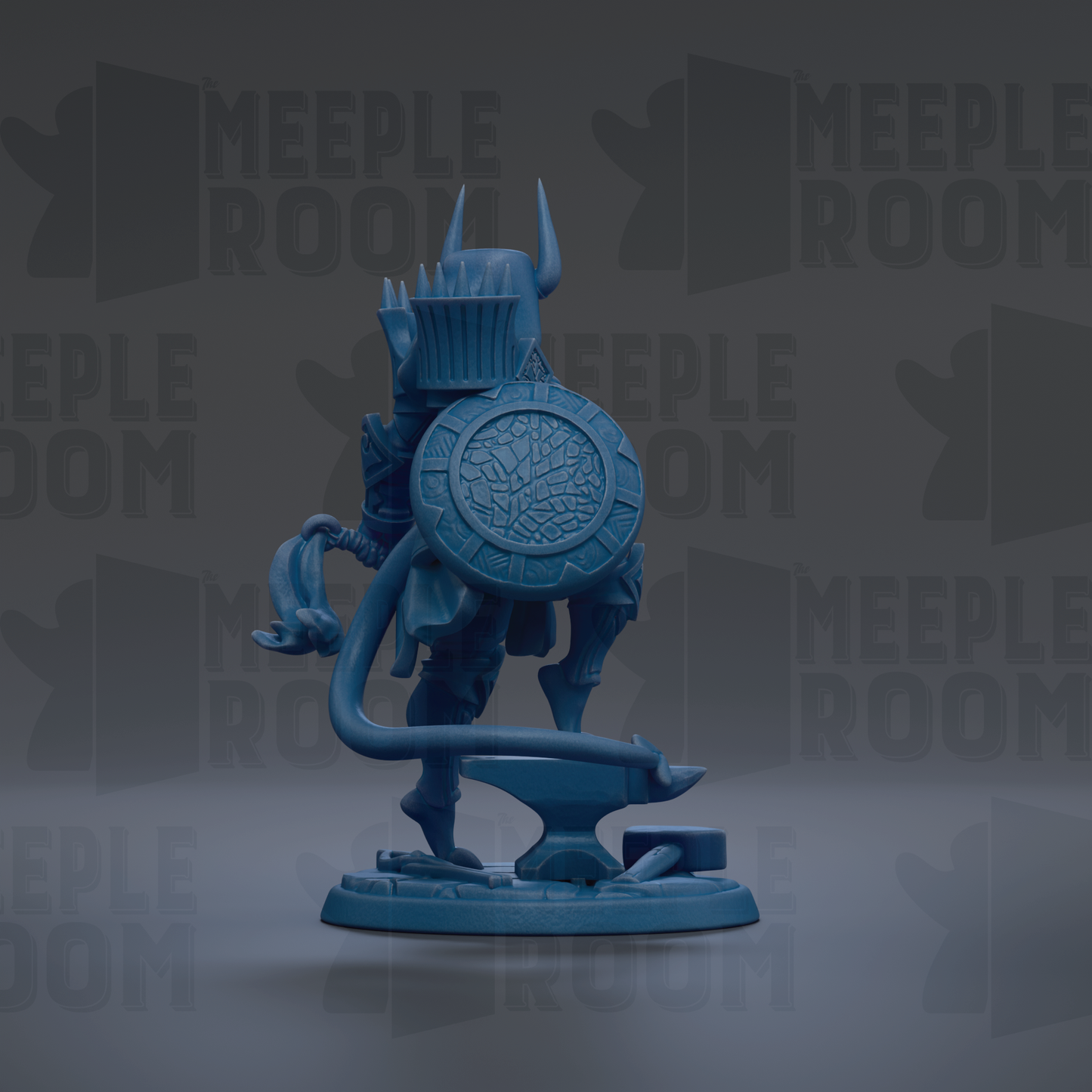 A blue figurine of a warrior standing on a base, holding a shield and a sword.