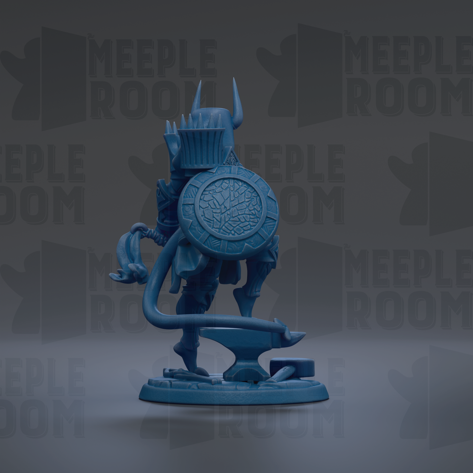 A blue figurine of a warrior standing on a base, holding a shield and a sword.