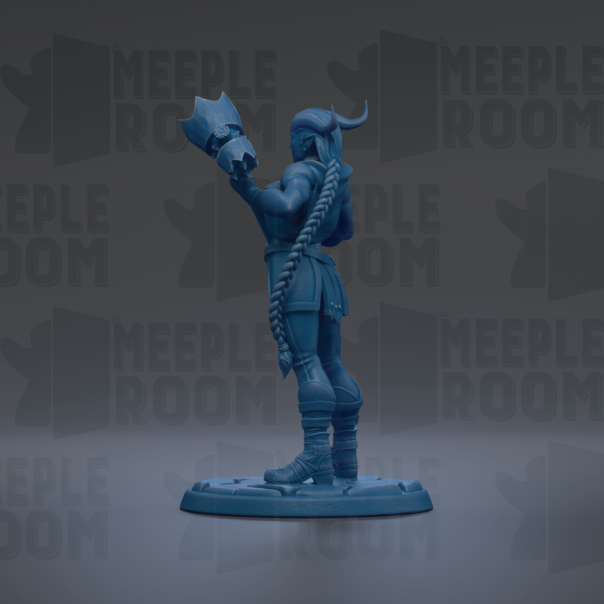 A blue figurine of a warrior standing on a platform, holding a shield in one hand and a sword in the other.