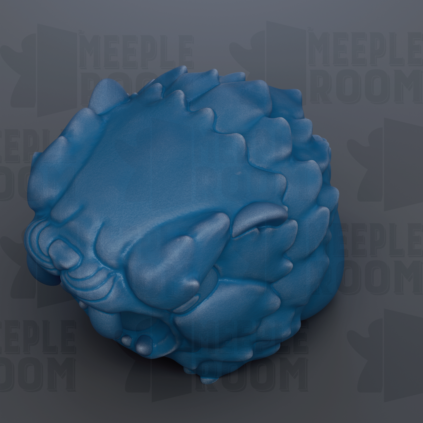 A blue, textured object resembling a ball or sphere, with a repeating pattern of curved lines and shapes.