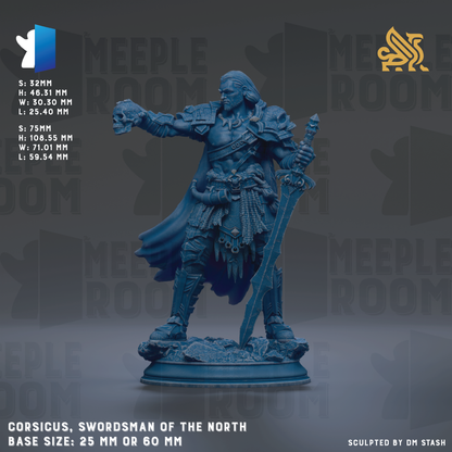 a blue statue of a man with a sword