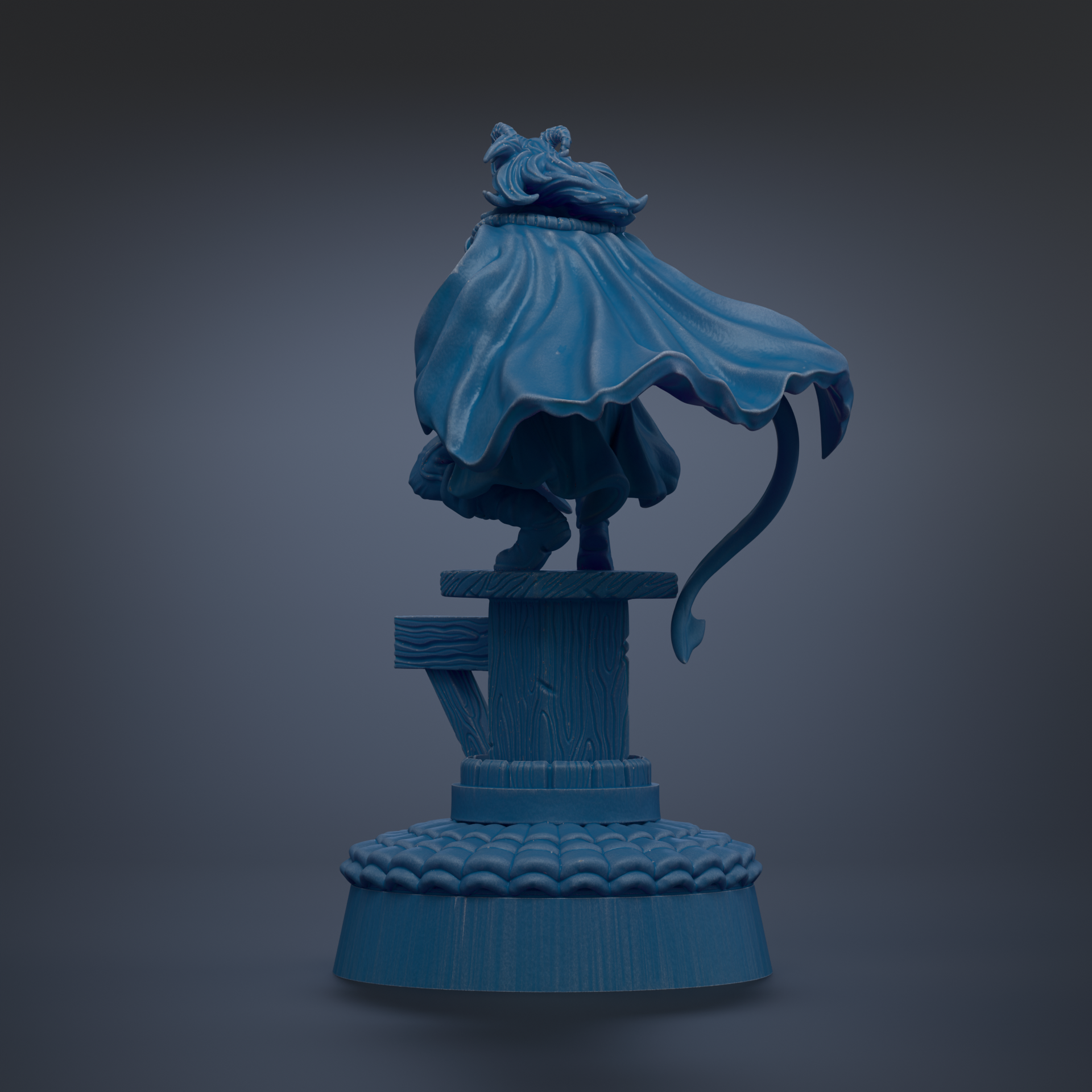 A 3D rendering of a statue with a flowing cape, standing on a pedestal.