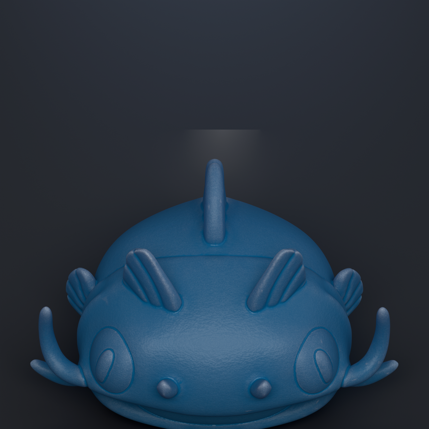 A blue, cartoonish fish-shaped object with large eyes and fins, set against a dark background.