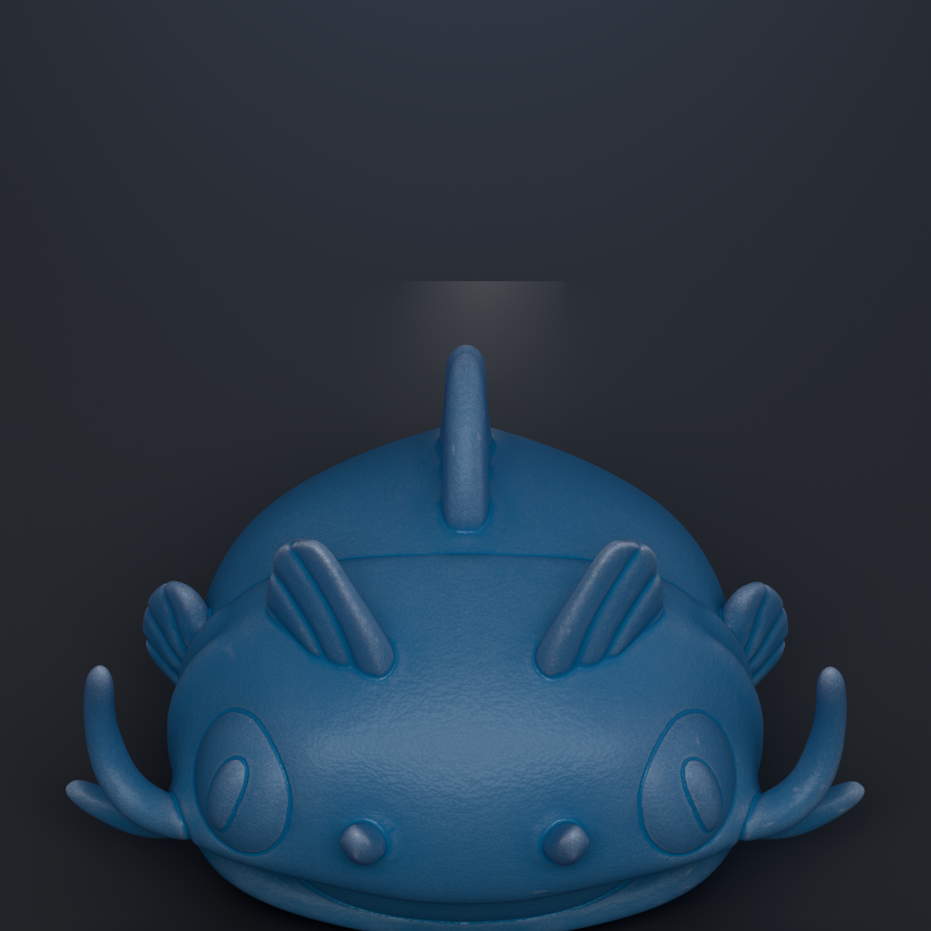 A blue, cartoonish fish-shaped object with large eyes and fins, set against a dark background.