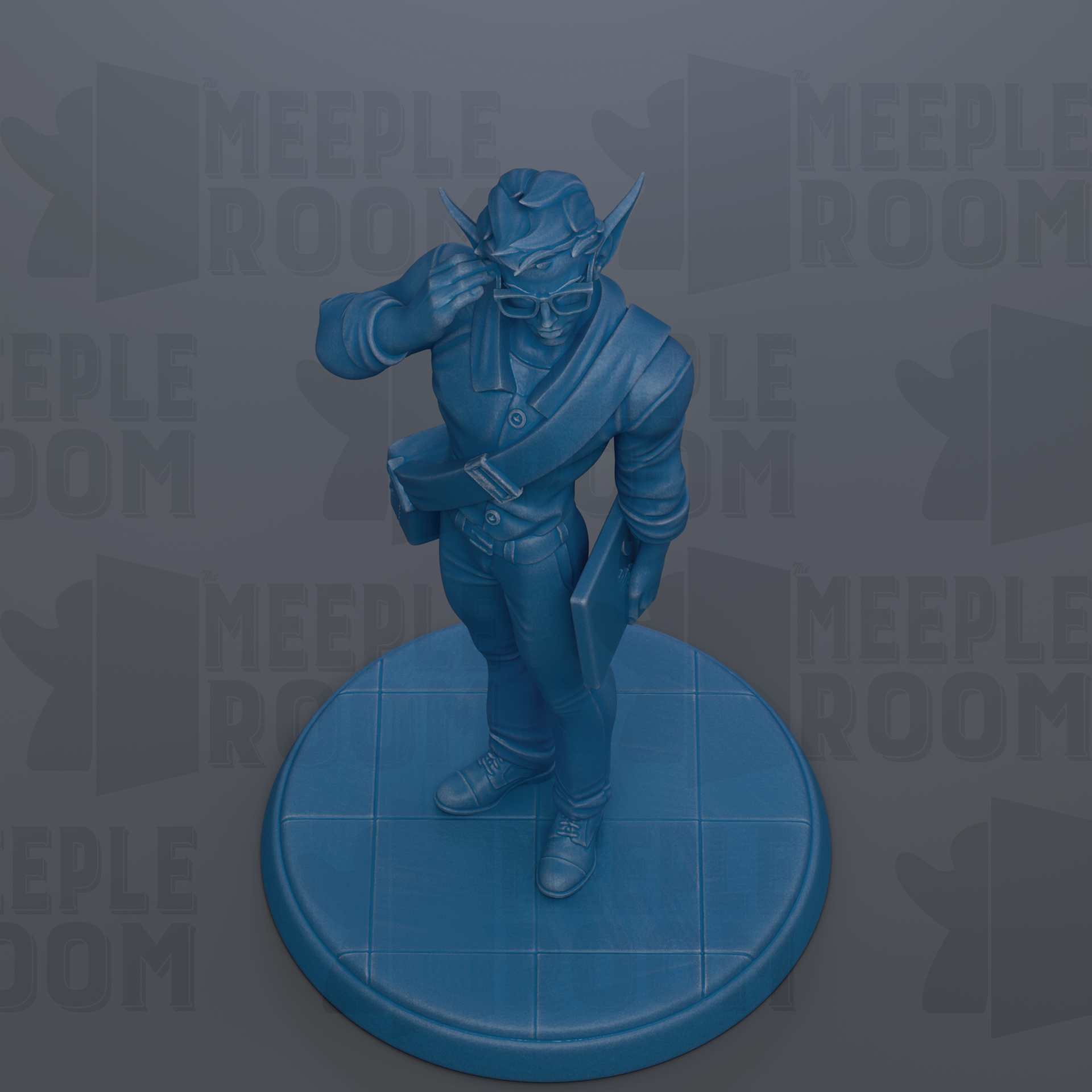 A blue figurine of a person standing on a blue platform, with the text "MEIPLLE ROOM" repeated in the background.