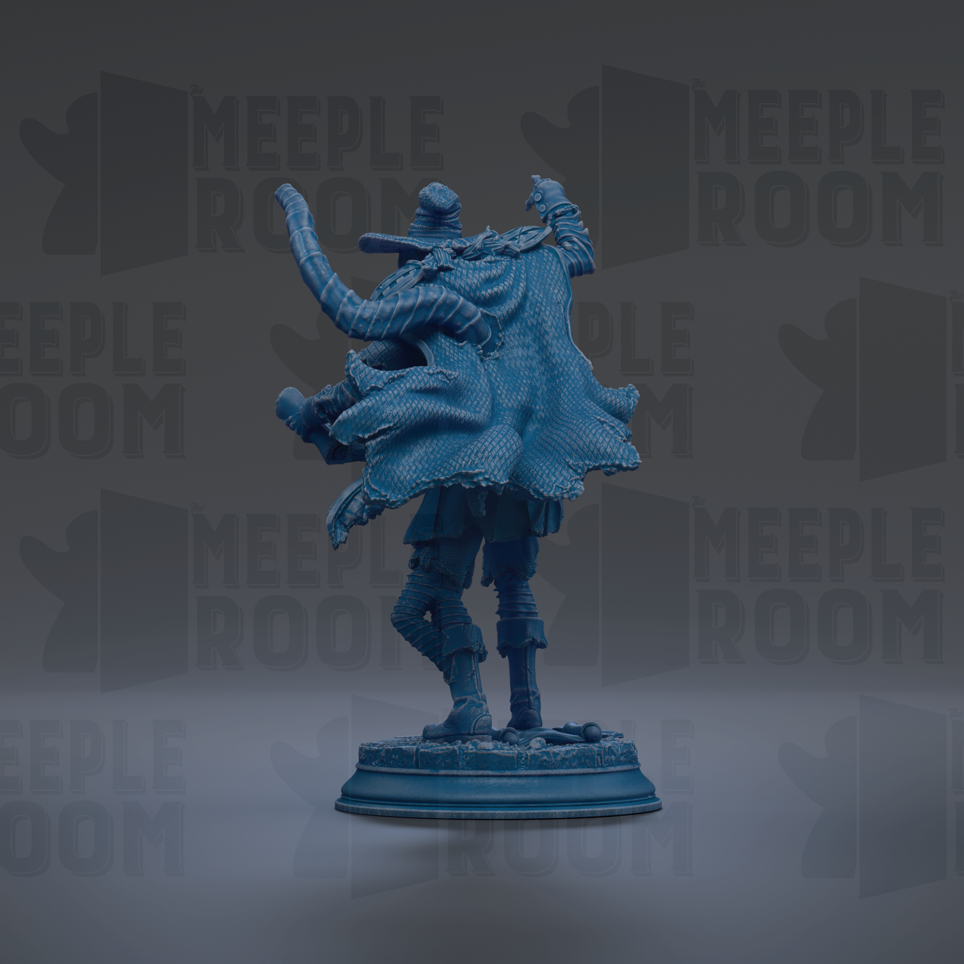 A blue statue of a person with a flowing cape and hat, standing on a pedestal against a dark background with repeated text.