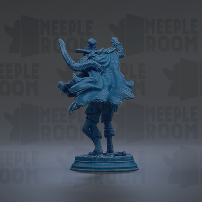 A blue statue of a person with a flowing cape and hat, standing on a pedestal against a dark background with repeated text.