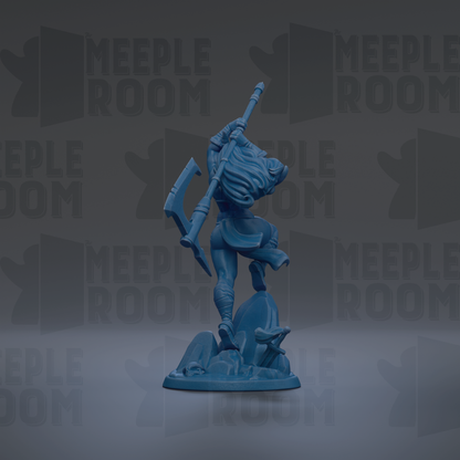 A blue figurine of a person holding a spear and standing on a rock, with the text "MEUPLE ROOM" repeated in the background.