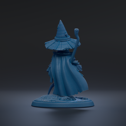 A blue figurine of a wizard or magical figure, wearing a pointed hat and holding a staff, standing on a base against a dark background.