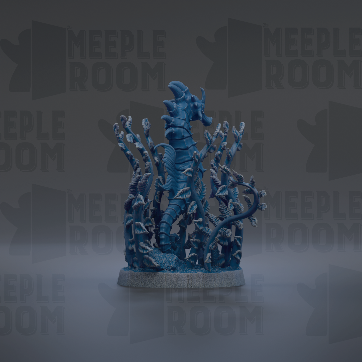 A blue, 3D-rendered seahorse figurine is displayed against a dark background with repeated text.