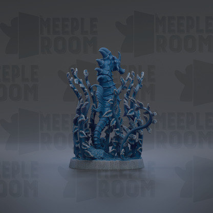 A blue, 3D-rendered seahorse figurine is displayed against a dark background with repeated text.