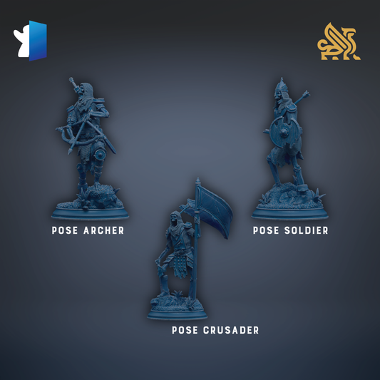 three figurines of different poses: a pose archer, a pose soldier, and a pose cruiser.