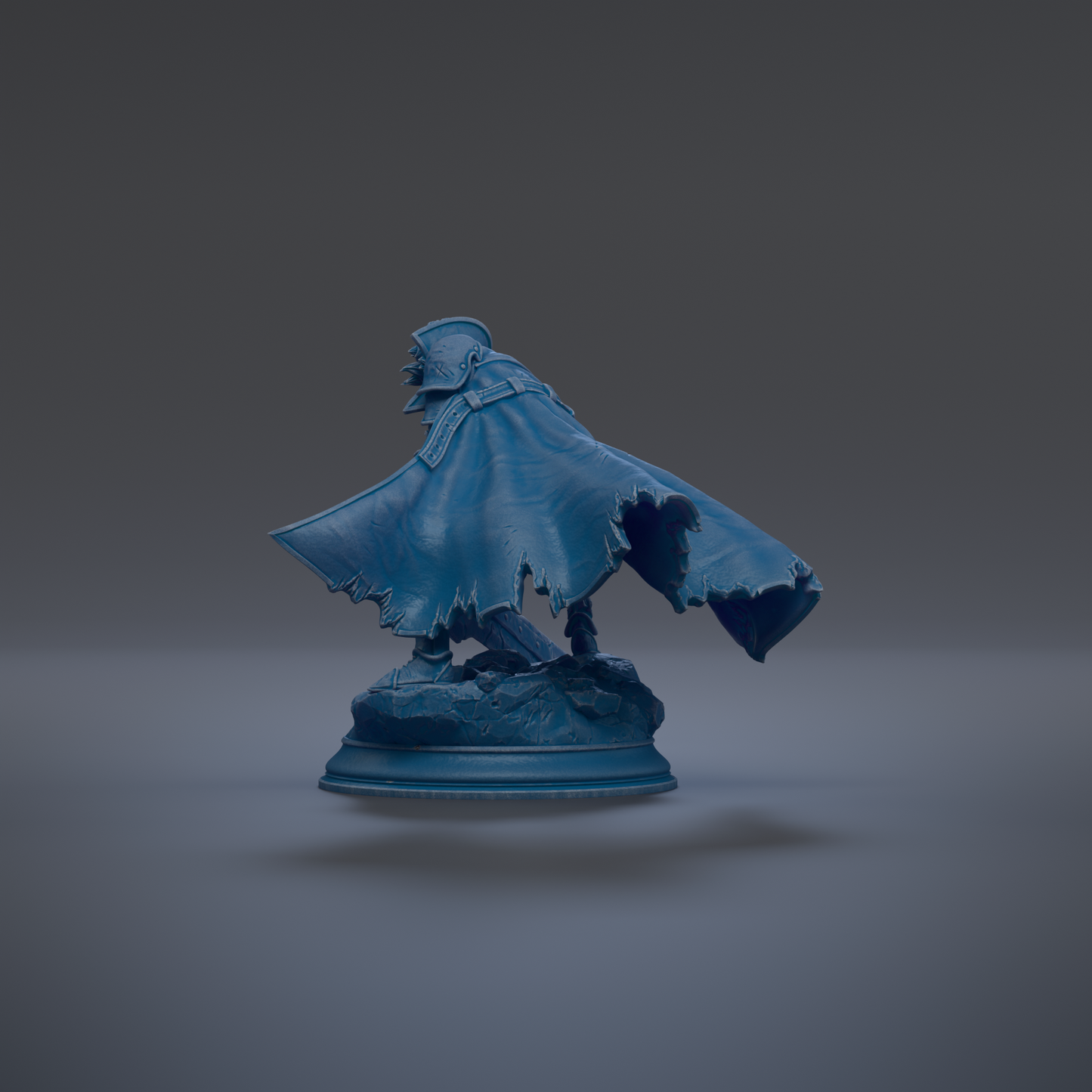 A blue, 3D-rendered statue of a figure with a cape, standing on a base and facing to the right.