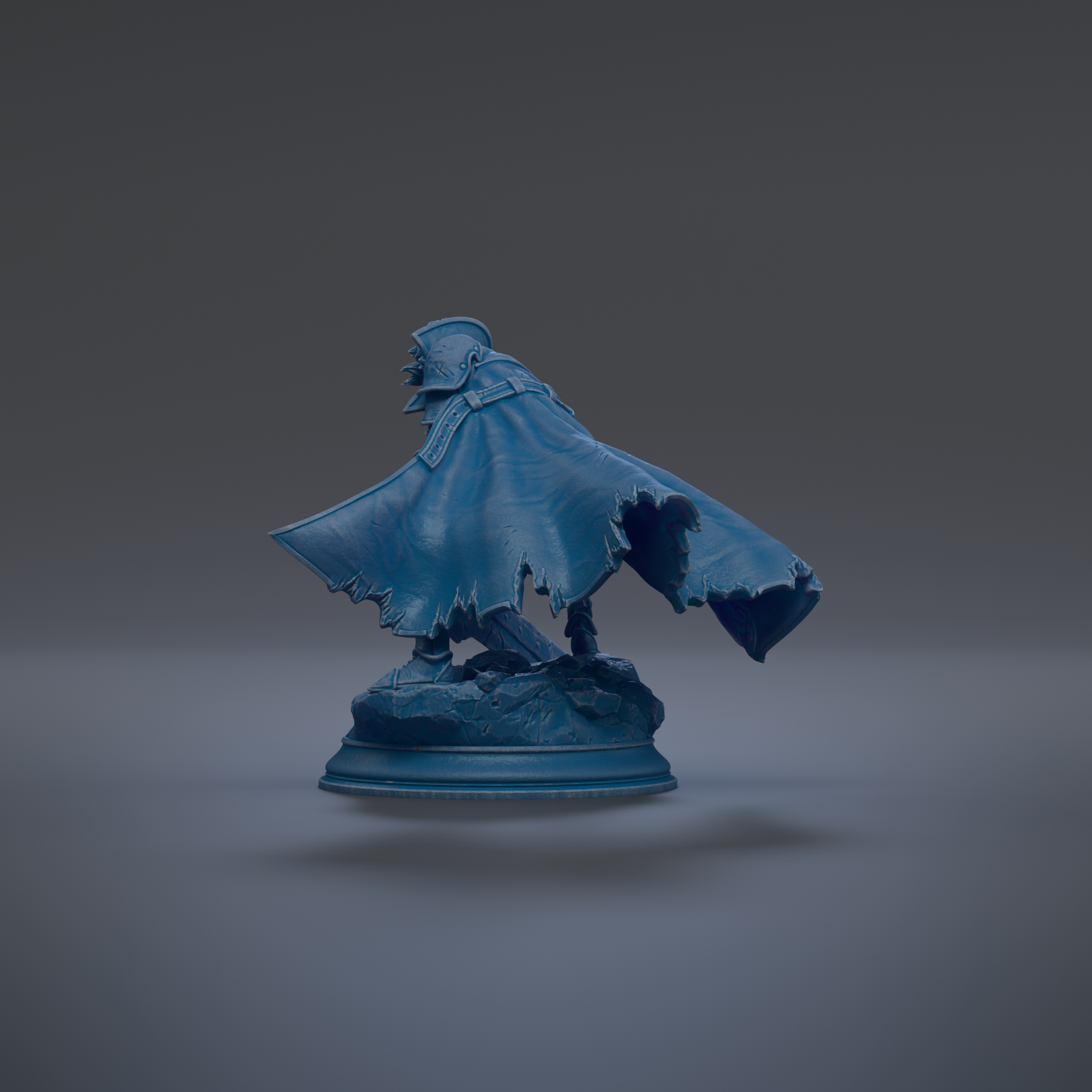 A blue, 3D-rendered statue of a figure with a cape, standing on a base and facing to the right.