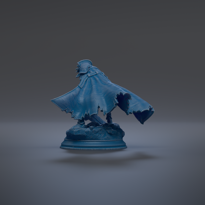 A blue, 3D-rendered statue of a figure with a cape, standing on a base and facing to the right.