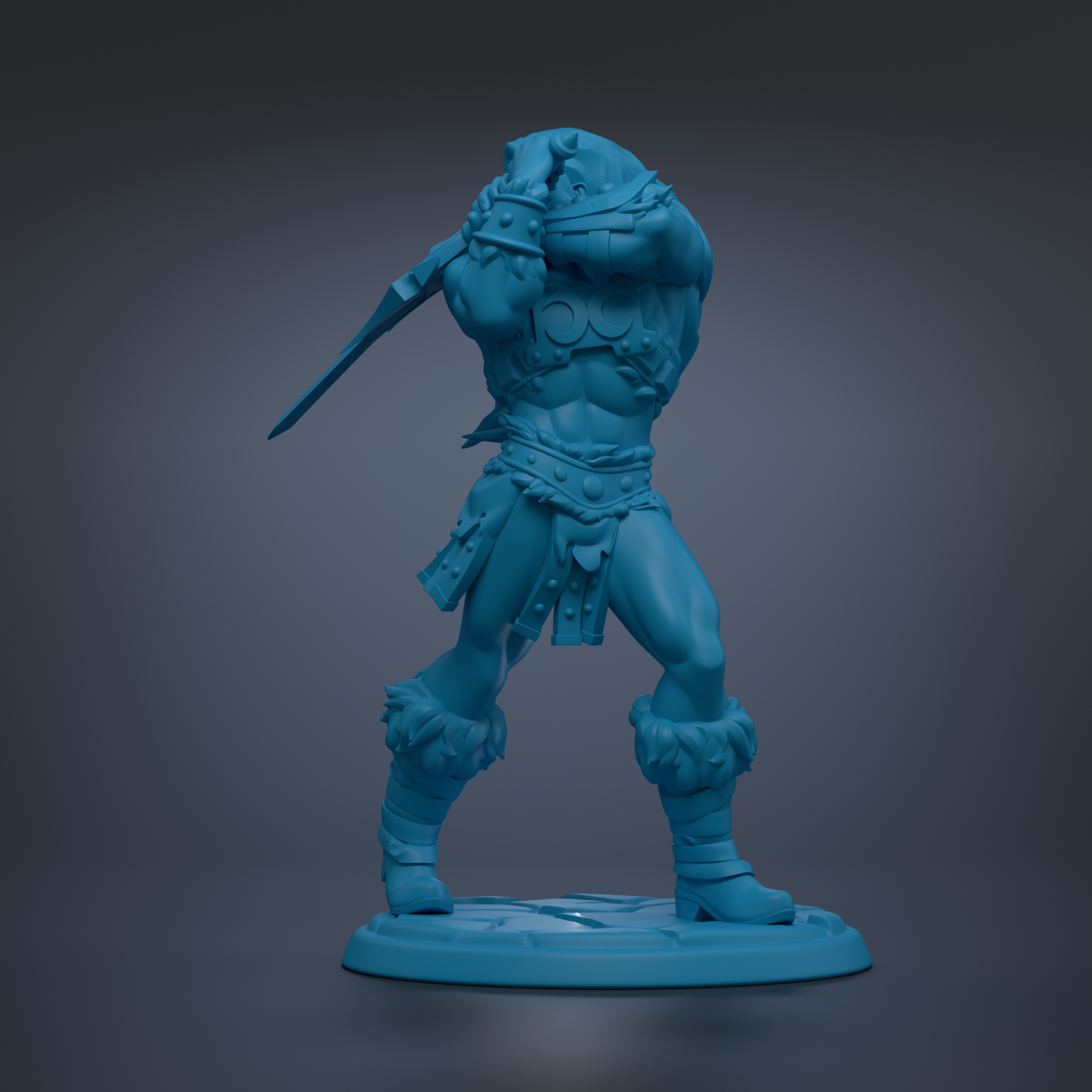 A blue figurine of a muscular warrior figure holding a sword and standing on a base.