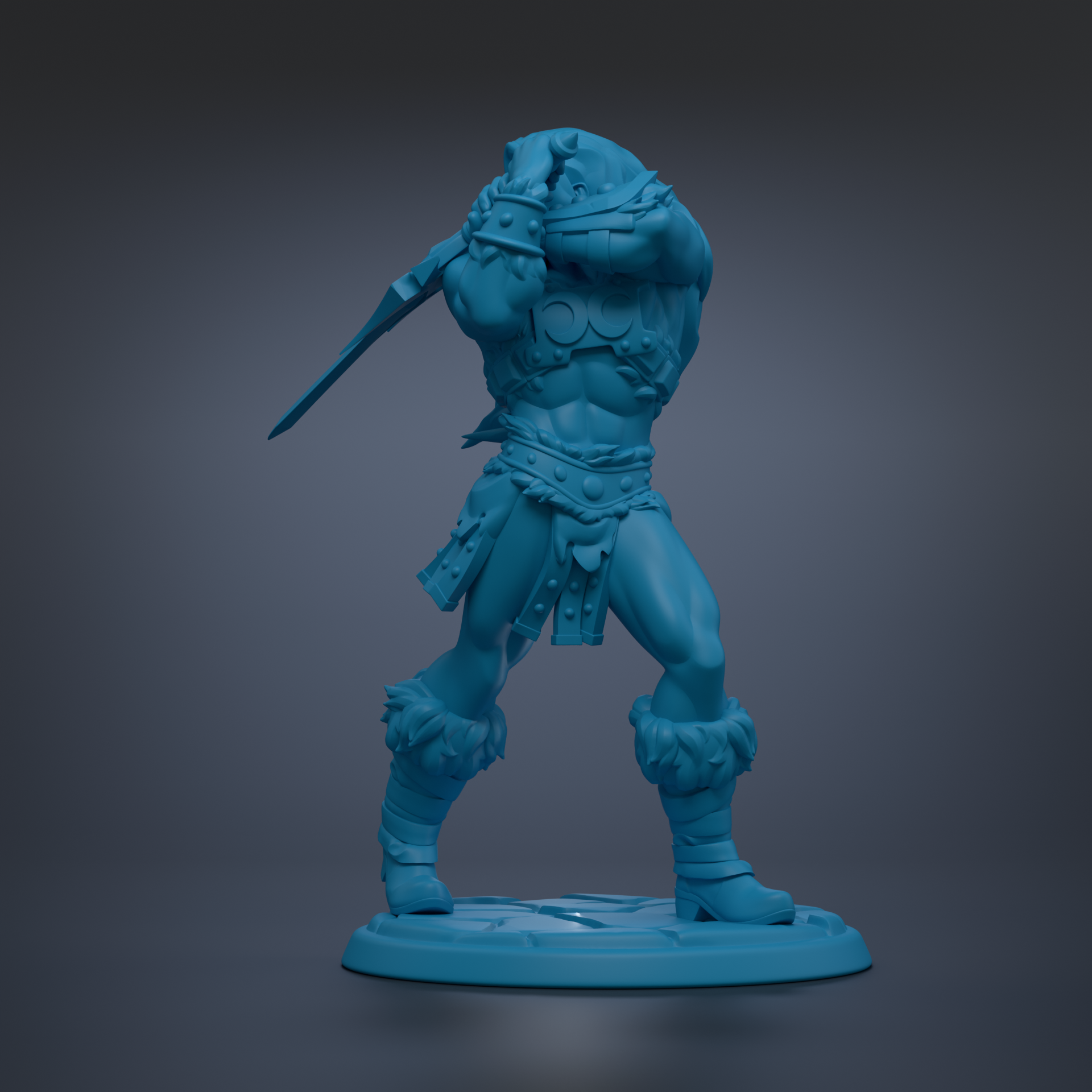 A blue figurine of a muscular warrior figure holding a sword and standing on a base.