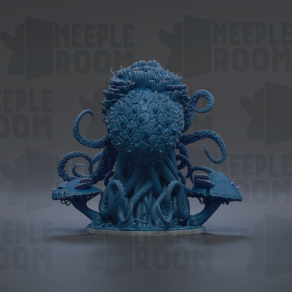 A large, intricate blue sculpture resembling a creature with tentacles and a spherical head, set against a dark background with repeated text.