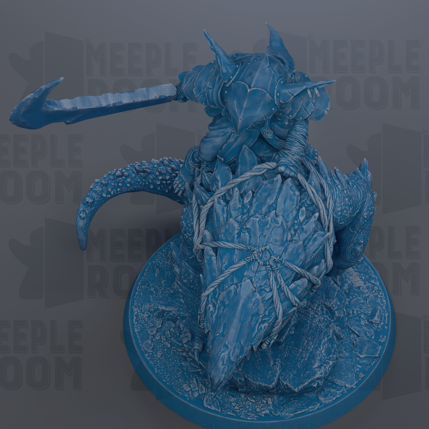 A blue, 3D-rendered figurine of a fantastical creature, possibly a dragon or serpent, with sharp teeth and claws, standing on a circular base.