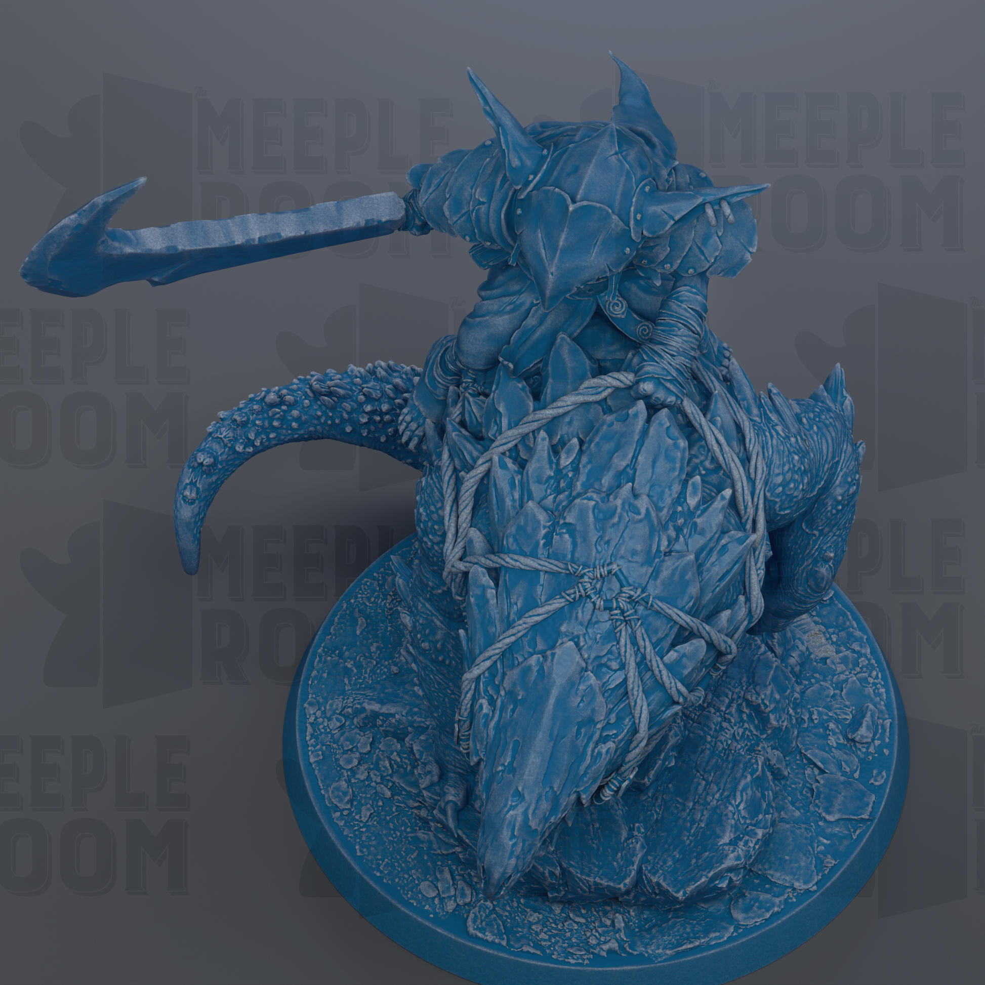 A blue, 3D-rendered figurine of a fantastical creature, possibly a dragon or serpent, with sharp teeth and claws, standing on a circular base.