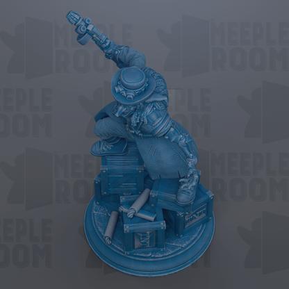 A 3D rendering of a character in a blue outfit, holding a weapon, standing on a platform with various objects around them.