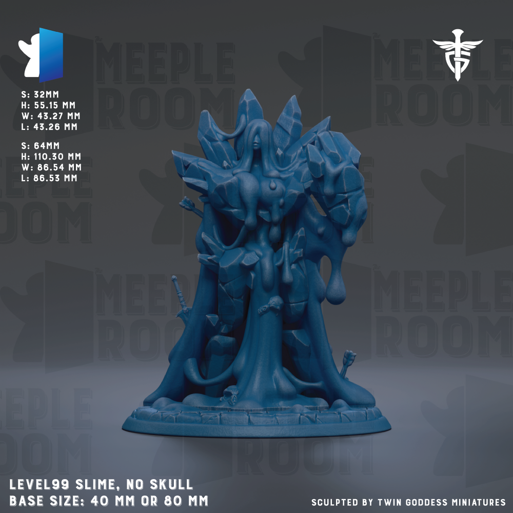 A blue figurine of a fantastical creature, likely a deity or magical being, with intricate details and a flowing, organic form. The figurine is displayed against a dark background, which emphasizes its vibrant color and intricate design. The image is described as a "level99 slime, no skull base size: 40mm or 80mm" and is attributed to "TWIN GODESS MINIATURES".