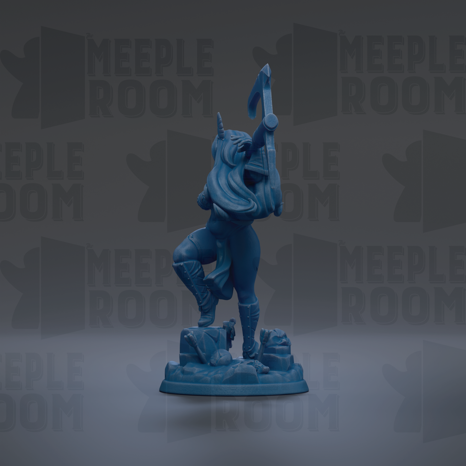 A blue figurine of a person holding a weapon, standing on a platform, against a dark background with repeated text.