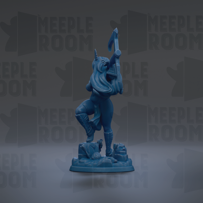 A blue figurine of a person holding a weapon, standing on a platform, against a dark background with repeated text.