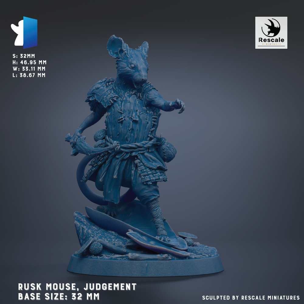 A blue statue of a mouse-like creature, likely a judge or deity, standing on a platform and holding a sword. The statue is described as a "Rusk Mouse, Judgment" and is made of a material that appears to be a combination of metal and plastic. The base size of the statue is 32 millimeters.