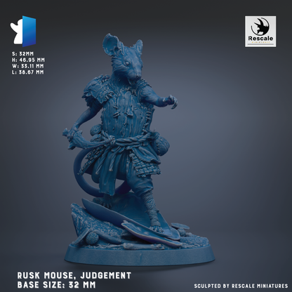 A blue statue of a mouse-like creature, likely a judge or deity, standing on a platform and holding a sword. The statue is described as a "Rusk Mouse, Judgment" and is made of a material that appears to be a combination of metal and plastic. The base size of the statue is 32 millimeters.