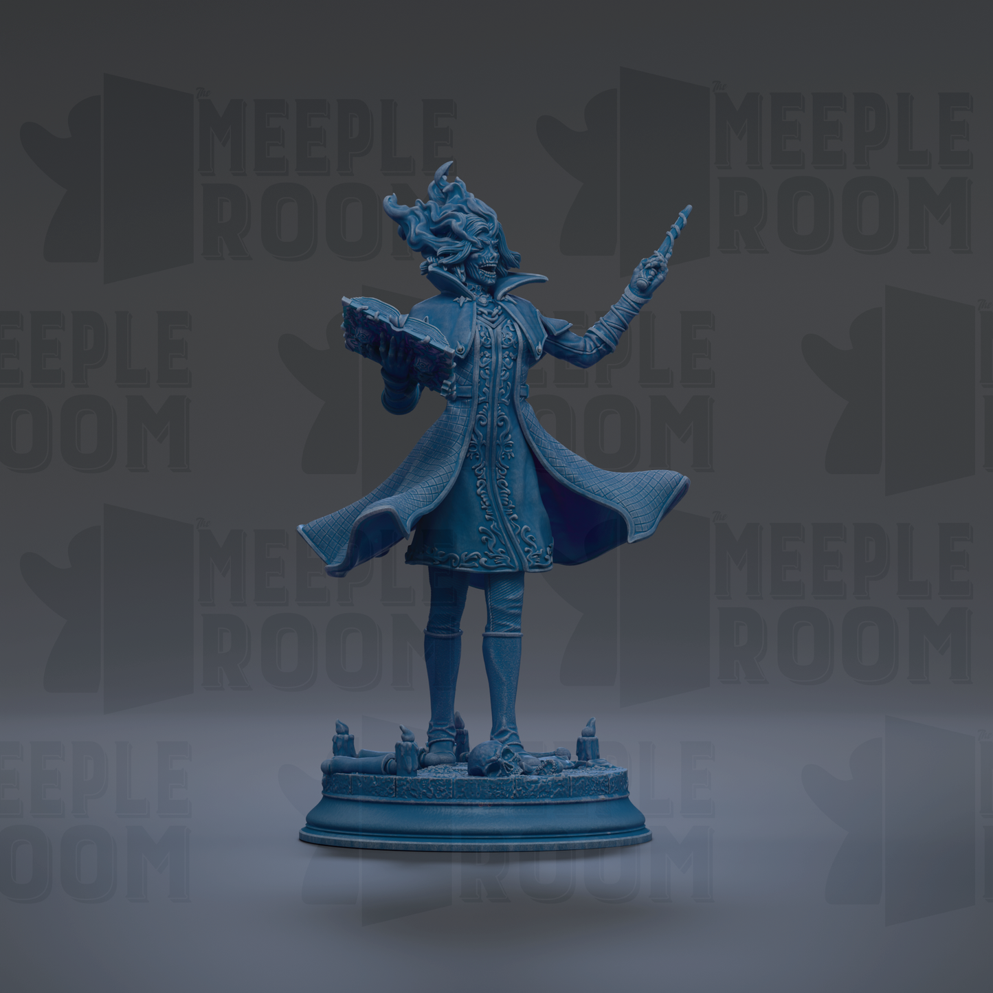 A blue statue of a figure with a flowing robe and holding a book stands on a pedestal against a dark background with repeated "MEIPLE ROOM" text.