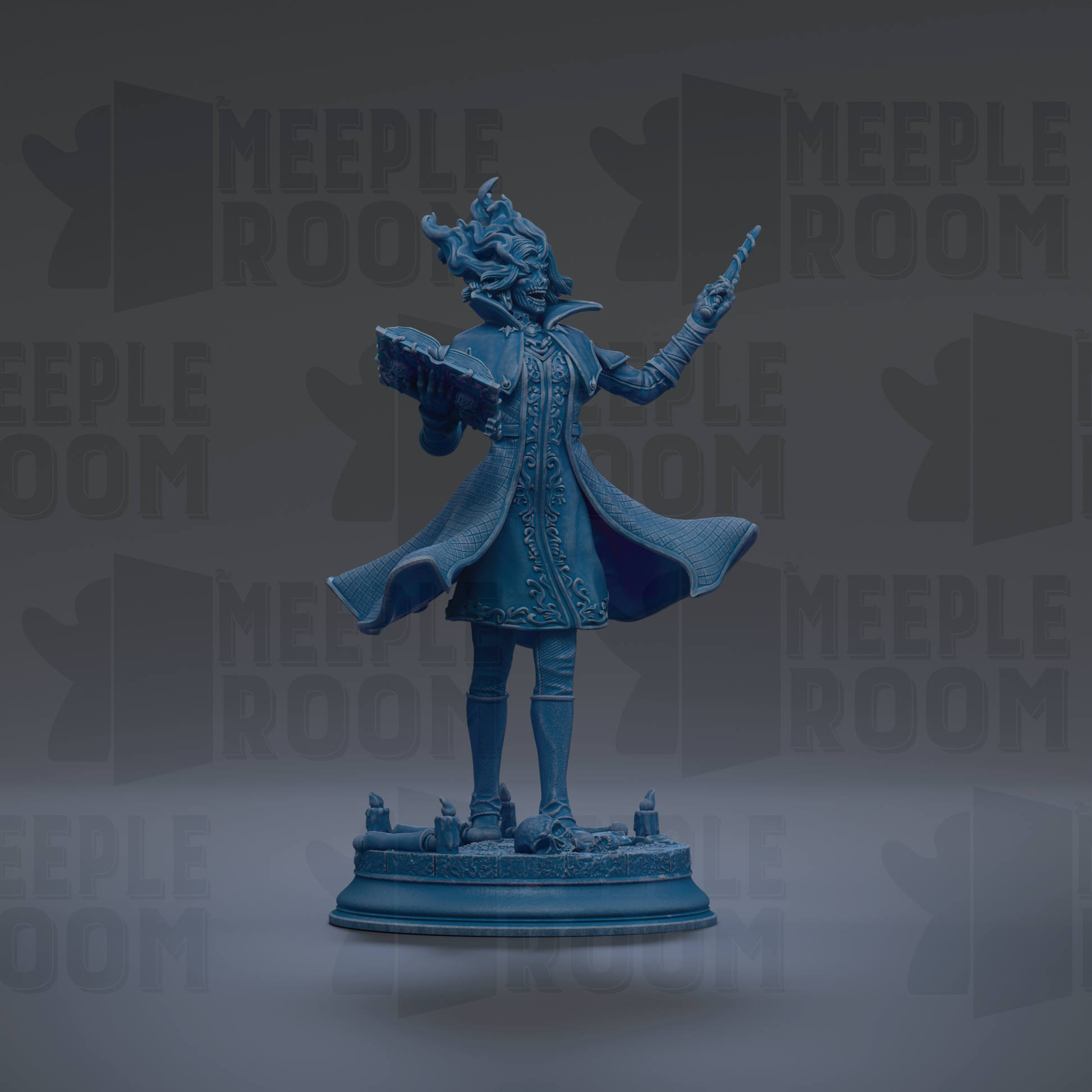 A blue statue of a figure with a flowing robe and holding a book stands on a pedestal against a dark background with repeated "MEIPLE ROOM" text.