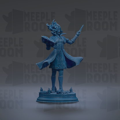 A blue statue of a figure with a flowing robe and holding a book stands on a pedestal against a dark background with repeated "MEIPLE ROOM" text.
