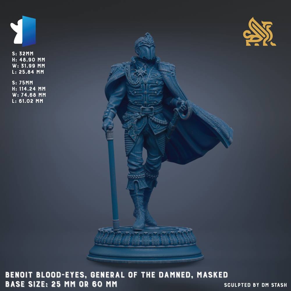 a statue of a person wearing a helmet and holding a sword, with a cape billowing behind them. The statue is described as "BENQIT BLOOD-EYES, GENERAL OF THE DAMNED, MASKED" and is shown in various sizes, including 25mm and 60mm. The base size is either 25mm or 60mm. The statue is sculpted by DM Stash.