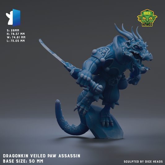 A 3D rendered model of a dragon-like creature with a sword, likely a character from a fantasy or adventure game. The creature is depicted in a dynamic pose, with its head turned to the side and its body angled forward. The image is described as a "Dragonkin Veiled Paw Assassin" and is based on a base size of 50mm.