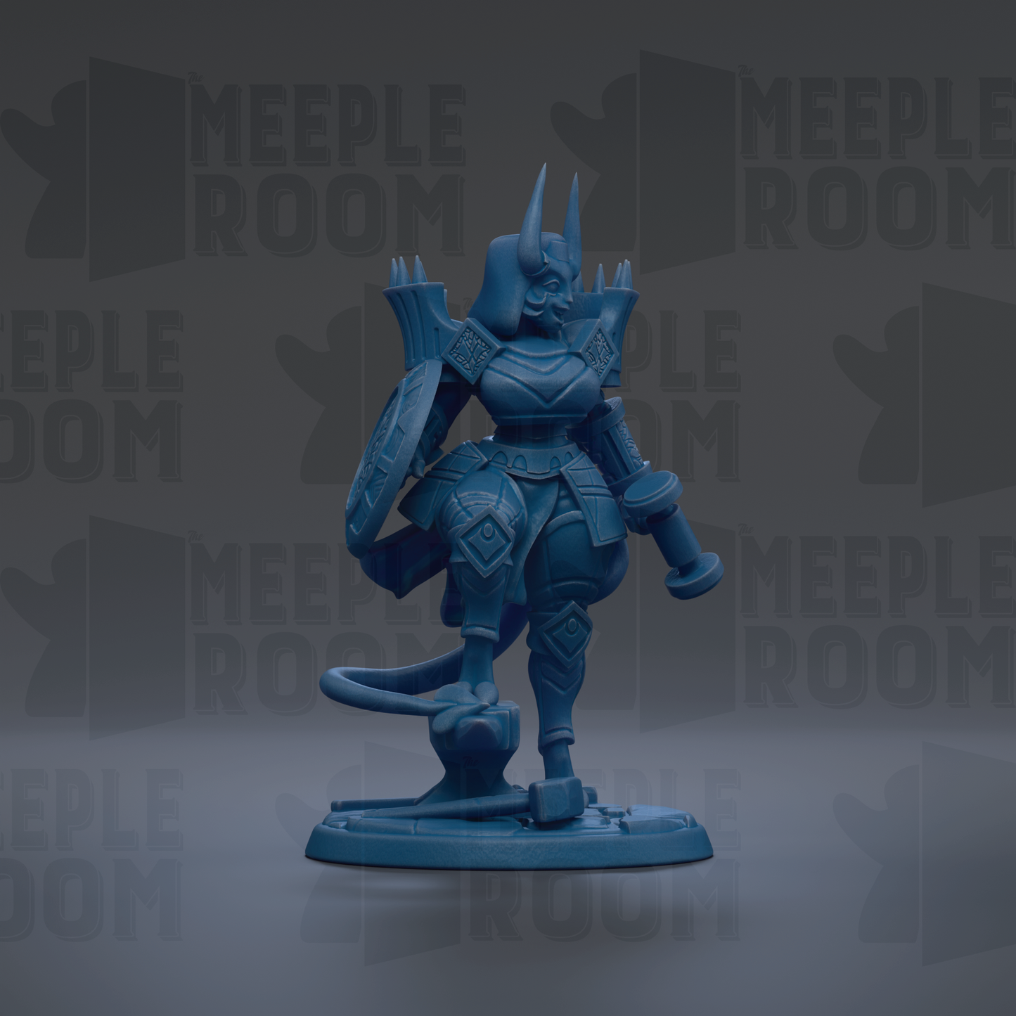 A blue figurine of a warrior-like character with a sword and shield stands against a dark background with repeated text.
